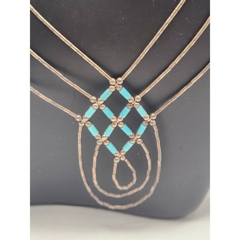 Vintage Liquid Silver Turquoise Multi Strand Necklace Sterling Southwestern 16.5
